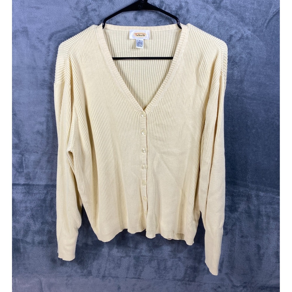Vintage Talbots Cardigan Sweater Large Yellow All Cotton Button Up Tight Knit